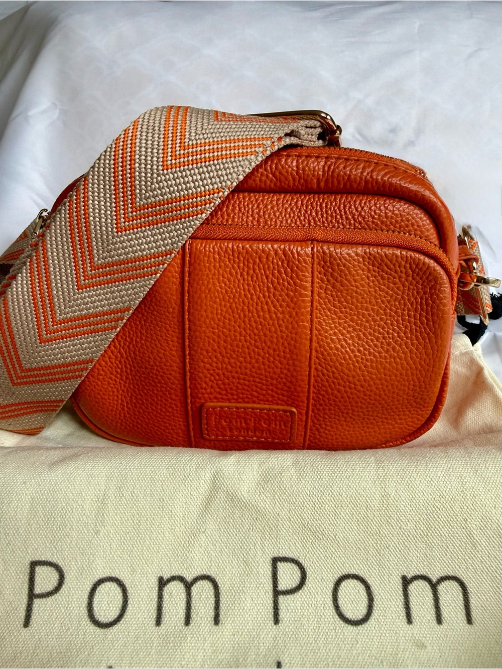 Pom Pom London Orange Leather Crossbody Bag | 2 Interchangeable Straps | EUC